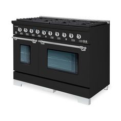 a black stove with two ovens on it's sides and four burners