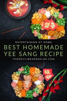 the best homemade yee sang recipe is on display with flowers and chopsticks