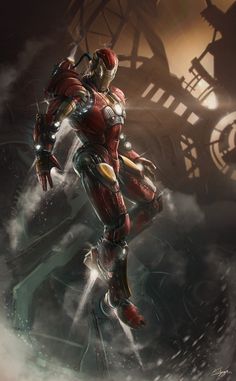 an iron man standing in the air with his arms out and hands on his hips