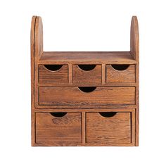 a wooden drawer with six drawers on it's sides and two open compartments in the middle