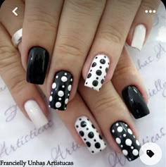 Black Acrylic Nail Designs, Black And White Nail Art, Black Acrylic Nails, Black Nail Art, Polka Dot Nails, White Nail Art