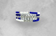 Show your spirit and love for Dallas Football! These bracelets are made from seed beads, are stackable, and interchangeable to make a look unique to you! These are perfect for an everyday class look, or to show off on game day! Go Cowboys! TIPS FOR SIZING:  The best thing to do is measure your wrist TIGHTLY with a tailor's measuring tape first. Then, add 1/2 - 3/4 inch to that size. BRACELET CARE: -Don't overstretch your bracelet! This could cause it to change shape over time. The best thing to Friendship Bracelet Stack, Go Cowboys, Cow Boy, Bead Bracelets, Seed Bead Bracelets, Bracelet Stack, Dallas Cowboys, Friendship Bracelet, Seed Bead