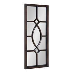 a mirror that is on the wall with a black frame and glass panels around it