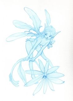 a drawing of a fairy sitting on top of a flower