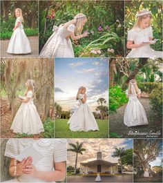 a collage of photos showing the bride in her wedding dress