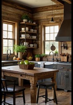 a rustic kitchen with wooden walls and flooring