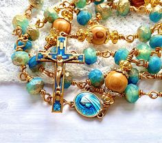 Wire wrapped rosary, vintage French gold medals, sea glass and olive wood, one of a kind catholic gift,  prayer beads, Rosenkranz-Atelier by RosenkranzAtelier on Etsy Wire Wrapping Techniques, Prayer Beads, Our Lady, Vintage French, Wood Beads