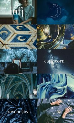 the collage shows different types of blue and green colors, with text that reads capricorn