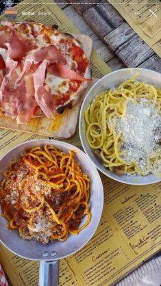 three plates of food on a table with pizza, pasta and meats in them