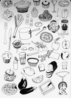 black and white drawing of various food items