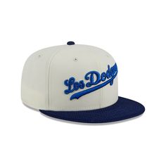 The Los Angeles Dodgers City Mesh 59FIFTY Fitted Cap features an embroidered Dodgers City Connect wordmark at the front panels with a matching MLB Batterman logo at the rear, a blue mesh visor, and a gray undervisor.