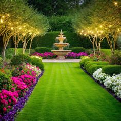 a garden with flowers and lights in the center, surrounded by lush green lawning