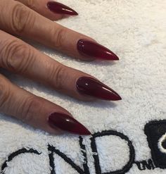 Maneater Nails, Almond Shaped Jelly Nails, Grunge Nails Acrylic Red, Vampire Acrylic Nails, Dark Wine Nails With Design, Red Vampire Nails, Vampire Nails Acrylic, Jelly Red Nails, Vampire Stiletto Nails