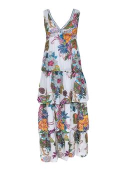 Current Boutique-Raga - White Tiered Printed Maxi Dress w/ Metallic Neckline Sz XS Maxi Dress For Summer, Summer Sun Dress, Empire Silhouette, Indoor Event, Purple Tones, Blue Green Orange, Dress For Summer, Tiered Maxi Dress, Sun Dress