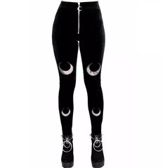 *This item ships from Poland, please allow 28 days delivery time*  Show off your unique style with these black gothic zip-up moon pattern velvet leggings. Crafted with luxuriously soft velvet, these leggings feature a unique moon pattern and zip-up design to make a bold statement. Perfect for everyday wear, these leggings are sure to become a wardrobe staple. Express your individuality and stand out from the crowd with these must-have leggings. * made of soft and nice 100% polyester * get yourself a unique gothic look with double crescent velvet leggings from rebelsmarket * these high-waisted elastic leggings are very comfortable and will fit you perfectly * you will look gorgeous in that black gothic leggings with two crescent moons * the moons aren`t simply printed, they are sewn with tr Gothic Leggings, Gothic Looks, Elastic Leggings, Dark Look, Moon Pattern, Velvet Leggings, 28 Days, Black Zip Ups, Velvet Material