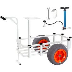 a white cart with orange wheels and two black spokes on each side, attached to a blue pole