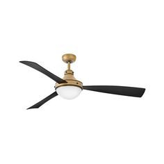 a ceiling fan with two black blades and a white light on the top of it