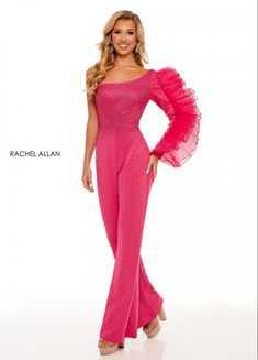 Rachel Allan size 8 one sleeve fuchsia scuba jumpsuit with ruffled sleeve and hot stones. Brand New. One Shoulder Jumpsuit, Terani Couture, Rachel Allan, Long White Dress, Communion Dresses, Long Sleeve Sequin, Asymmetrical Neckline, Lace Evening Dresses