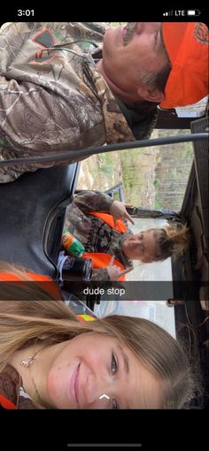 a woman sitting on top of a motorcycle next to a man in an orange shirt