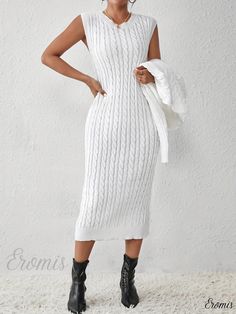 Eromis - Cable Knit Two-Piece Set: Elegant Button Front Long Sleeve Top with Chic Crew Neck Sleeveless Dress, Womens Clothing Sleeveless Dress Outfit, Knit Two Piece Set, Fabric Collars, Sleeve Detail, Long Sleeve Top, Cable Knit, Collar Styles, Sleeveless Dress, Long Sleeve Tops