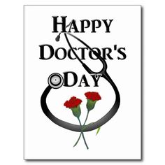 a happy doctor's day card with two red carnations and a stethoscope