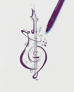 an ink drawing of a guitar with music notes on it and a pen in the foreground