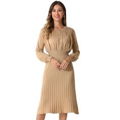 Jump into the cooler season with the flattering ribbed knit midi dress. Featuring trendy lantern long sleeves and an A-line silhouette, these dresses effortlessly blend casual and elegant styles. The simple and timeless design makes it perfect to pair with sandals or boots for any occasion. Made from a soft and stretchy ribbed knit fabric, this dress ensures comfort throughout the day. Easy to care for with machine wash cold with like colors. This versatile piece will be a staple in your wardrob Midi Knit Dress, Long Fall Dresses, Ballet Dress, Khaki Dress, Ribbed Knit Sweater, Knit Sweater Dress, Knit Midi Dress, Lantern Sleeve, Lantern Sleeves