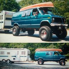 two pictures of a blue truck with an orange and white camper on the back