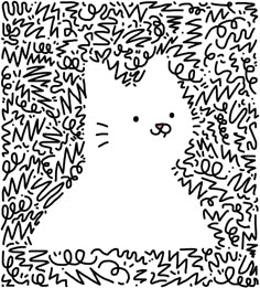 a black and white drawing of a cat surrounded by letters