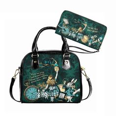 When you're needing a fabulous deep green Alice in Wonderland accessory for a Mad Hatter Tea party. This bottle green Alice in Wonderland shoulder handbag is a unique and eye -catching accessory. Grab the matching wallet to complete your costume.  Featuring a custom design of classic characters from the beloved story including Alice, the Cheshire Cat, and the White Rabbit. The shoulder strap allows for comfortable carrying, making it the perfect addition to any gothic Alice in Wonderland-inspire Alice In Wonderland Bottle, Alice In Wonderland Accessories, Green Goth, Interesting Things To Know, The Cheshire Cat, Classic Characters, The White Rabbit, Green Handbag, Mad Hatter Tea