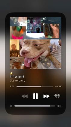 an iphone screen with the music player on it's side and pictures of people