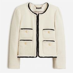 Sold Out! J. Crew Frances Lady Jacket In Ivory And Black With Gold Buttons. Size 12. 55% Wool 45% Polyester Dry Clean Only. Gorgeous Jacket In Excellent Preowned Condition. Only Worn Twice. Black Cream, Blazer Suit, Size 12, J Crew, White And Black, Suit Jacket, Jackets & Coats, Jackets For Women, France