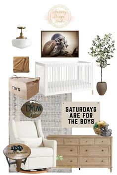 a collage of sports related items including a baby crib, football helmet and other things