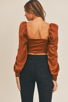 Long sleeve solid satin puff sleeve crop top with lace up front. 95%POLYESTER/5%SPANDEX satin/silky material True to size Lace Up Crop Top, Puff Sleeve Crop Top, Lace Front, Puff Sleeve, Crop Top, Long Sleeve Blouse, Lace Up, Satin, Spandex