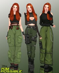 three women in green cargo pants and black tops with chains on their belted waist