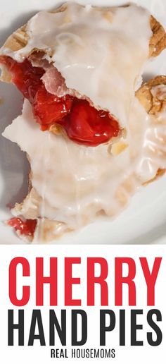 cherry hand pies on a white plate with text overlay