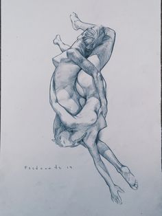 a drawing of two people in the air with their hands on each other's backs