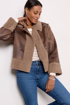 A chic cold-weather layer, this EVEREVE jacket is topped with cozy faux sherpa trim and features a collared neckline, front snap closure, and side pockets. Style for the season with your favorite denim or trousers. | EVEREVE Women's Courtney Sherpa Jacket, Size Large, Brown Fall Outerwear With Fleece Lining And Sheepskin, Fall Sheepskin Outerwear With Fleece Lining, Casual Long Sleeve Sheepskin Outerwear, Casual Sheepskin Long Sleeve Outerwear, Casual Sheepskin Outerwear With Long Sleeves, Fall Outerwear With Faux Fur Lining And Sheepskin, Fall Sheepskin Outerwear With Faux Fur Lining, Brown Sherpa Outerwear With Faux Fur Lining, Fall Brown Outerwear With Contrast Collar