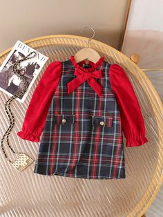 Adorable Plaid Bow Decor Long Sleeve Dress For Baby Girl, Suitable For Christmas And Outings Red   Long Sleeve Woven Fabric Colorblock,Plaid,Tartan A Line Non-Stretch  Baby Girls Clothing, size features are:Bust: ,Length: ,Sleeve Length: Dresses For Christmas, Jumper Dress Outfit, Hem Skirt Outfit, Plaid Overall Dress, Stand Collar Blouse, Dress For Baby Girl, Lantern Sleeve Top, Dress For Baby