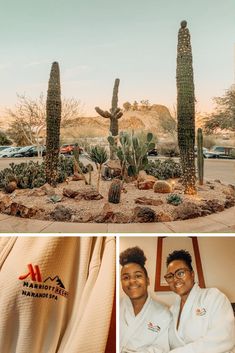 two people are posing in front of some cacti