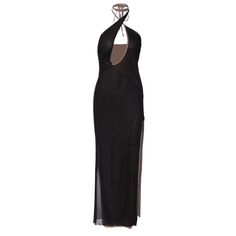 Features: Experience ultimate elegance with our Hollow Out Mesh Lace-up Backless Maxi Dress. Crafted with attention to detail, this halter sleeveless gown features a bodycon fit and a sexy split design. Perfect for any party or special occasion, you'll feel confident and glamorous in this long dress. Elegant Halter Neck Backless Dress For Club, Elegant Stretch Halter Dress For Club, Elegant Bodycon Backless Halter Neck Dress, Elegant Halter Neck Maxi Dress For Club, Black Stretch Halter Maxi Dress, Stretch Backless Halter Dress For Formal Occasions, Elegant Fitted Halter Top With Spaghetti Straps, Sheer Halter Neck Maxi Dress For Night Out, Bodycon Halter Neck Dress For Club