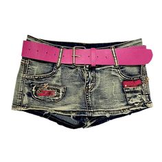 Take your summer style to the next level with our 2023 Summer Collection's sanded pink embroidery mini denim skort! This Y2K-inspired vintage piece promises to bring timeless elegance and edgy sophistication to your wardrobe.Why You'll Fall In LoveThis skort is designed to flatter your figure with its low-waist silhouette and loose fit. The delicate embroidery and intricate painted prints add an extra touch of charm. while the sanded finish enhances its texture. Topped off with a zipper and butt Blue Y2k Style Mini Skirt, Edgy Mini Skort, Cheap Fitted Y2k Shorts, Cheap Y2k Style Mini Bottoms, Affordable Y2k Mini Bottoms, Embroidery Mini, Alt Clothes, Womens Denim Skirts, Denim Skort