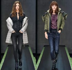 G-Star RAW Amsterdam 2015-2016 Fall Autumn Winter Womens Runway Catwalk Looks - Vintage Grunge Destroyed Patched Denim Jeans Military Utility Cargo Pockets Overshirt Super Skinny Boyfriend Boots Quilted Puffer Blouse Outerwear Coat Parka Baseball Varsity Jacket Onesie Jumpsuit Boiler Suit Salopette Coveralls Bib Brace Dungarees Moto Motorcycle Biker Leather Racer Knee Panels Grunge Asymmetrical Slouchy Winter Military Cargo Style Utility Jacket, Fall Military Style Utility Jacket With Button Closure, Fall Military Outerwear With Epaulettes, Studded Long-sleeved Moto Outerwear, Denim Jeans Fashion, Biker Chic, Catwalk Fashion