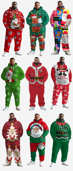 multiple images of men in christmas pajamas and santa clause hats, all wearing matching outfits