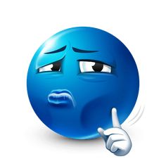 an emoticive blue smiley face with one hand on his chin and the other pointing at it