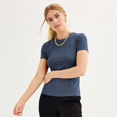 Update your warm weather basics collection with this women's Nine West Fitted Ribbed Crewneck Top. Click on this WOMEN'S GUIDE to find the perfect fit and more! FEATURES Asymmetrical hem Short sleeves Unlined CrewneckFABRIC & CARE Rayon, spandex Machine wash ImportedSUSTAINABILITY FEATURES Tested for harmful substances STANDARD 100 by OEKO-TEX® CERTIFIED Certification No. SE020 189927 Testing Institute: Testex AG,Testing Institute: Testex AG: Swiss Textile Testing Institute www.oeko-tex.com/stan Everyday Blue Ribbed Tops, Blue Fitted Top With Ribbed Neckline, Basic Blue Ribbed T-shirt, Blue Workwear Top With Ribbed Neckline, Petite Size Chart, Womens Size Chart, Blue Gender, Asymmetrical Hem, Petite Size