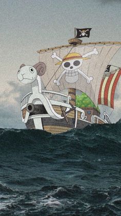 a pirate ship floating on top of the ocean next to a skull and crossbones