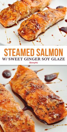 two pictures of salmon on a plate with sauce