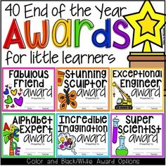 the awards for little learners is shown in four different colors and font, along with an