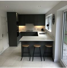 an empty kitchen with three stools in it